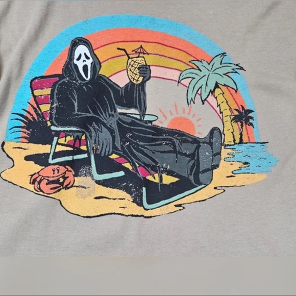 Ghost Face Shirt Mens XL Tan Short Sleeve Beach Graphic Horror Halloween Scream - Picture 3 of 6